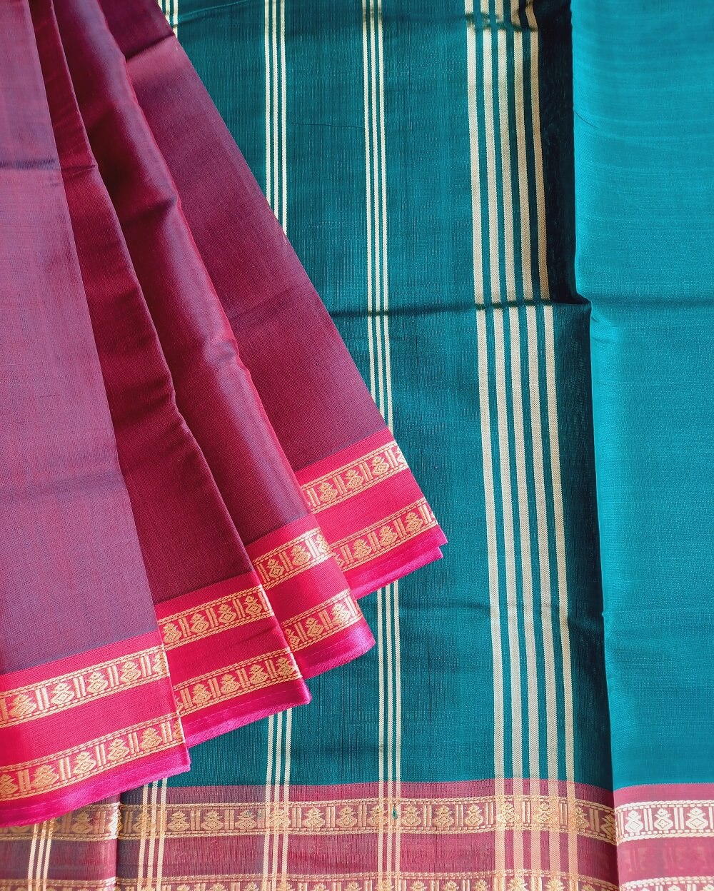 Devendra Handloom Pure Ahimsa silk with cotton woven sarees. Ahimsa Silk Thread borders with classic Kumbam (Kalash) motifs. Dark brown or betel nut shade