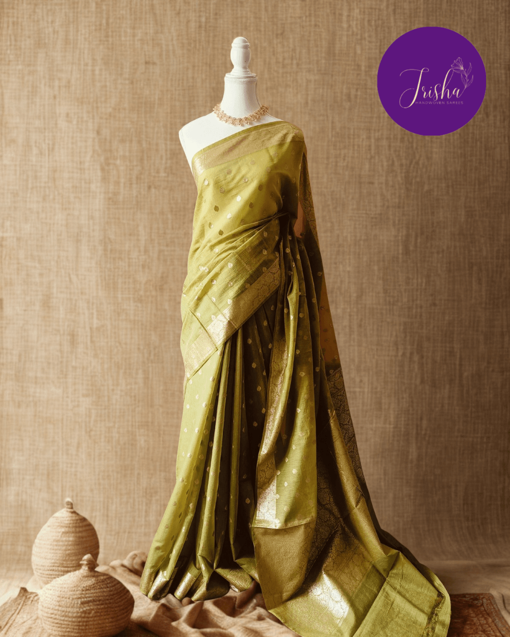 Chanderi Cotton Saree Light Green With Small Floral Buttis