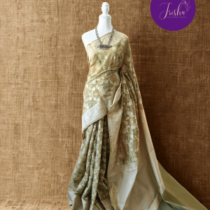 Banarasi Cotton Saree in Light Green Shade with Meena work resham threads woven all over in Shikargah pattern. This beautiful weave is very much native to Banaras depicting wild life animal motifs and hunting scenes.