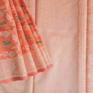 Banarasi Cotton Saree in Light Orange with Meena work resham threads woven all over in Shikargah pattern i.e. wild life animal motifs and hunting scenes.