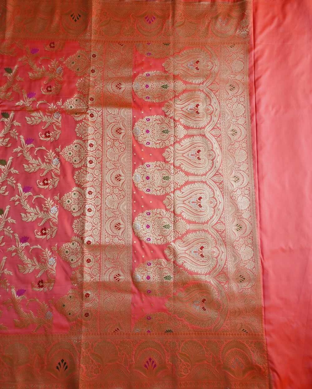 Katan Silk Saree Peach With Floral Motifs In Sona Rupa Weave - Image 2