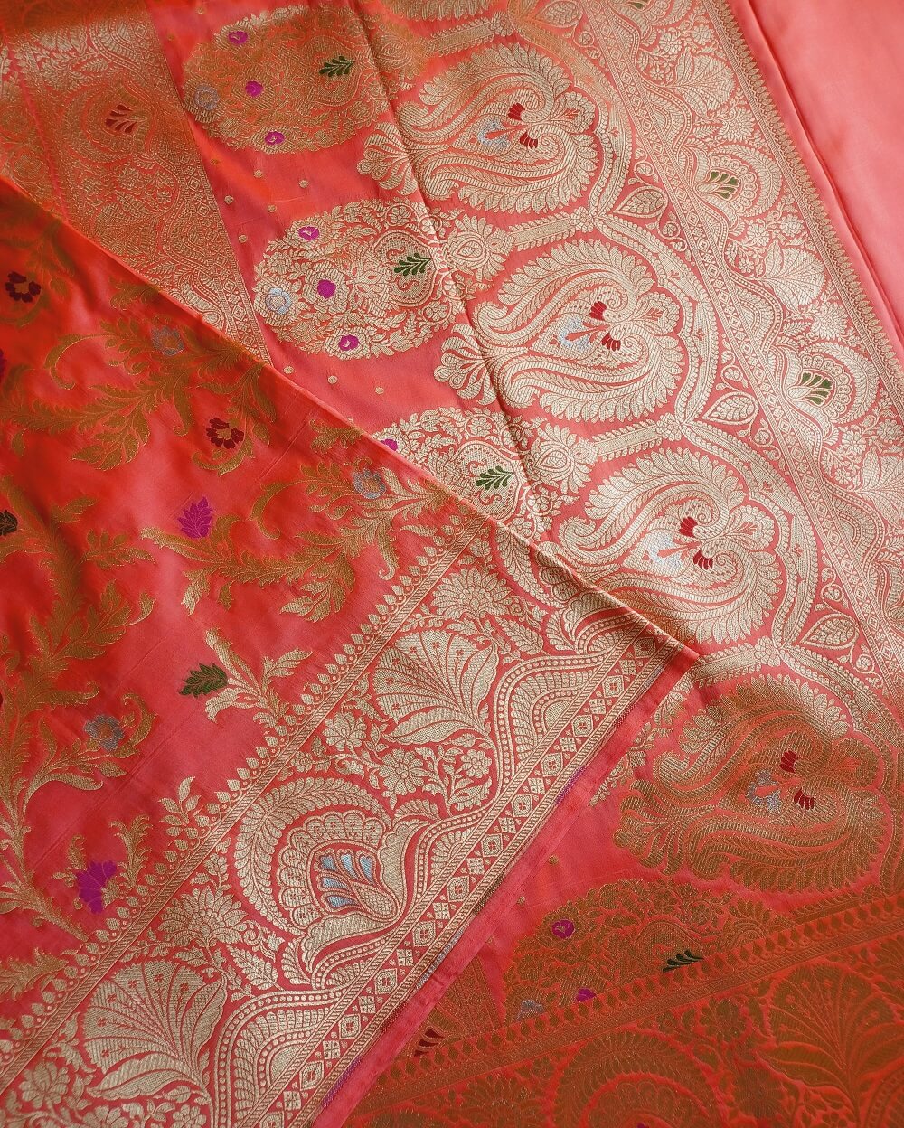 Katan Silk Saree Peach With Floral Motifs In Sona Rupa Weave - Image 3