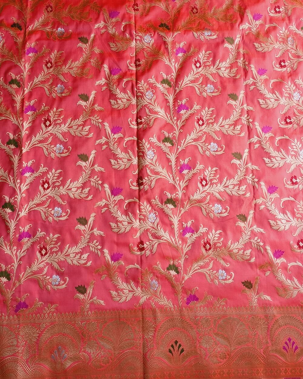 Katan Silk Saree Peach With Floral Motifs In Sona Rupa Weave - Image 4