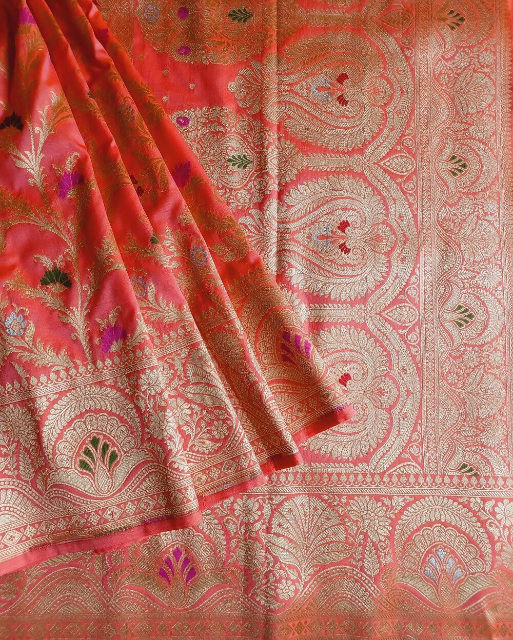 Katan Silk Saree Peach With Floral Motifs In Sona Rupa Weave