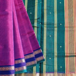 Devendra Handloom Pure Ahimsa silk with cotton sarees. Original Silver zari borders with rudraksham motifs. Saree is of Rich purple shade with blue dual tone
