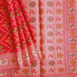 Banarasi Cotton Saree in Red Shade with Meena work resham threads woven all over, Pure Soft Cotton With traditional Banarasi floral motifs.