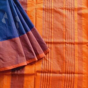 Handloom Banana Fibre saree is made up of Banana fibres and cotton. Violet and orange dual tone body with a orange border and pallu.