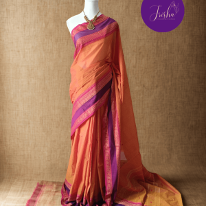 Pure Kanchi Cotton Saree in Yellow Shade With Pink Border, it has Buttas on Saree and Thread Border with traditional Peacock and Mango Motifs.