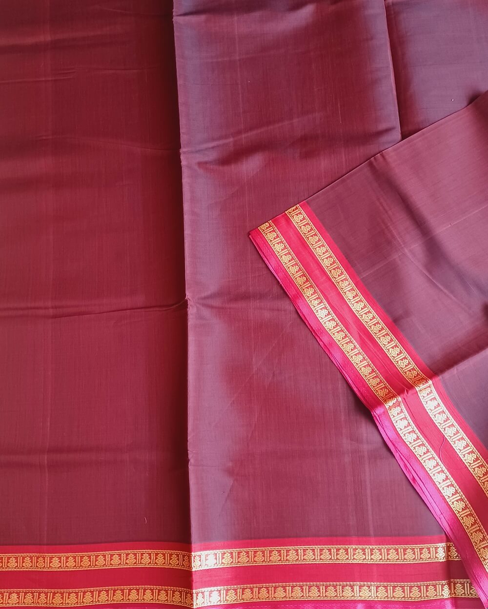 Devendra Handloom Ahimsa Silk Cotton Saree Brown - Image 5