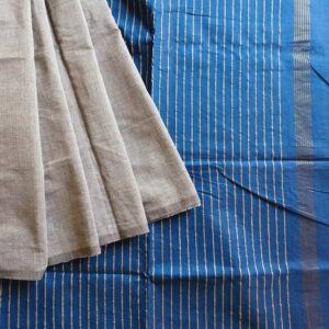 Handloom Aloe Vera Saree is made of Aloe Vera fibres and cotton. Silvery grey body with a dark blue pallu.