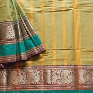 Kanchi Cotton Saree in Light Green with Dark Green Border, Its Plain Saree with Zari Border with Peacock Motifs on one side and small border on the upper part.