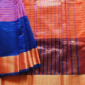 Mangalgiri Silk cotton saree woven with Pure mulberry silk with cotton. A unique combination of Pink orange dual tone and rich blue body with gold Zari border.