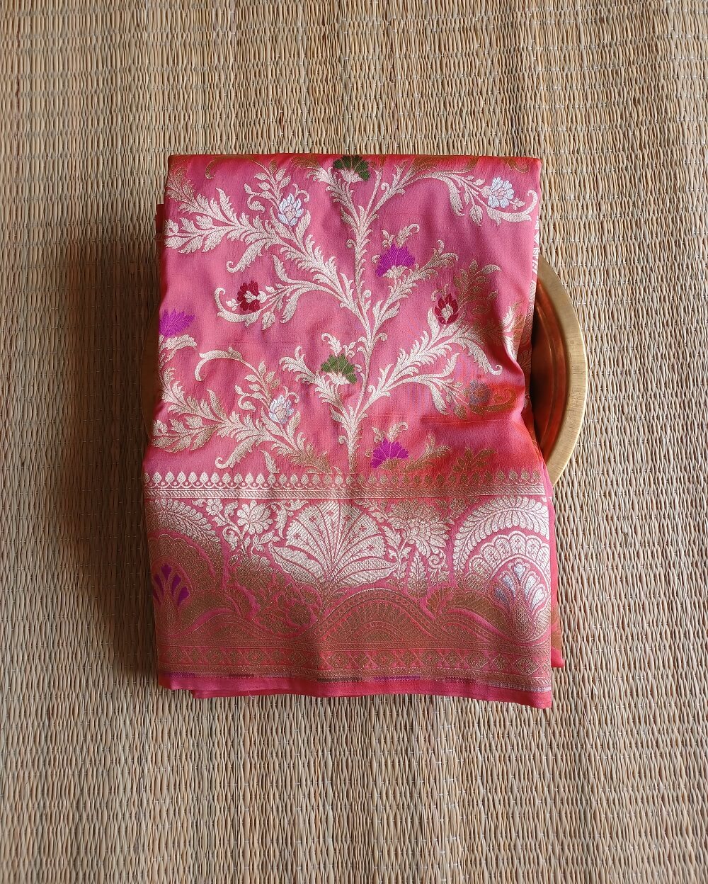 Katan Silk Saree Peach With Floral Motifs In Sona Rupa Weave - Image 7