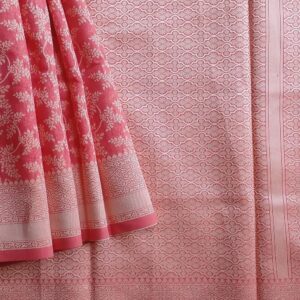 Banarasi Cotton Saree in Peach Orange with Cream resham threads woven all over. It has traditional Banarasi floral motifs in jaal weaves.