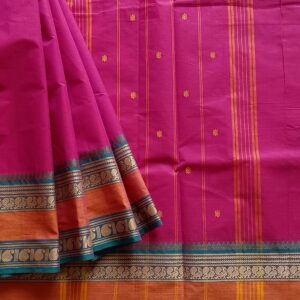 Kanchi Cotton Saree in Dark Pink Shade with Mustard border, It has Buttas on Saree and Thread Border with traditional Peacock and Mango Motifs