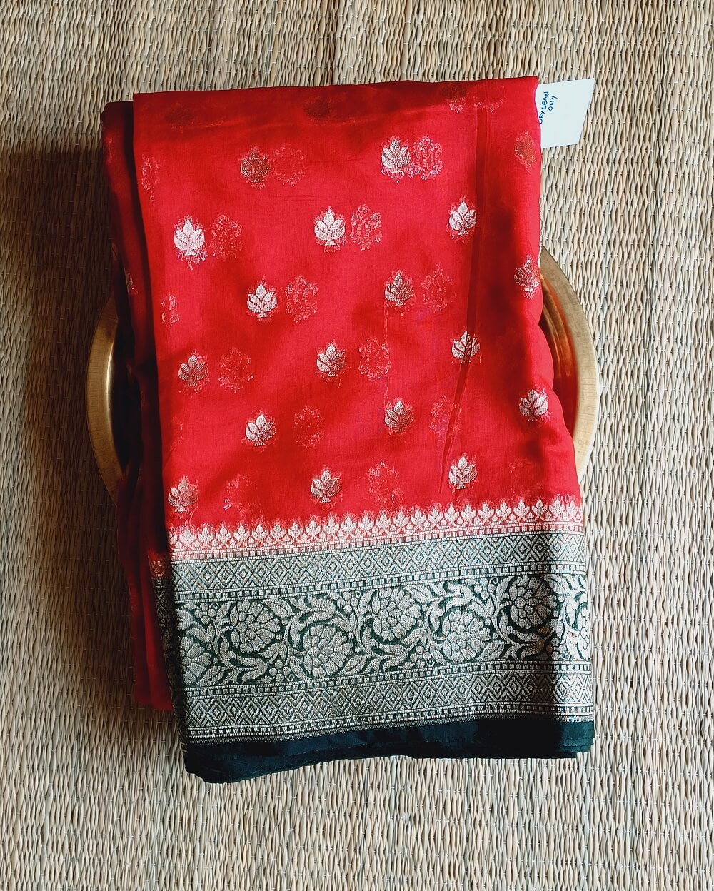 Banarasi Georgette Saree Red Khaddi Border Floral Buttis - Image 5