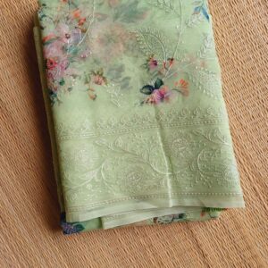 Organza Saree Fresh Pista Green Shade With Embroidery Work