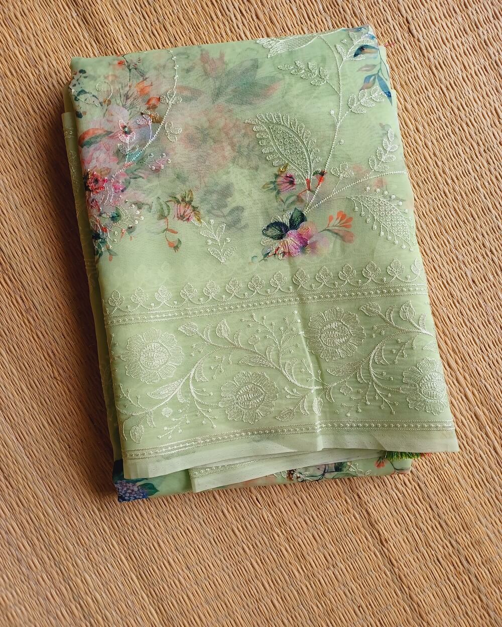 Organza Saree Fresh Pista Green Shade With Embroidery Work