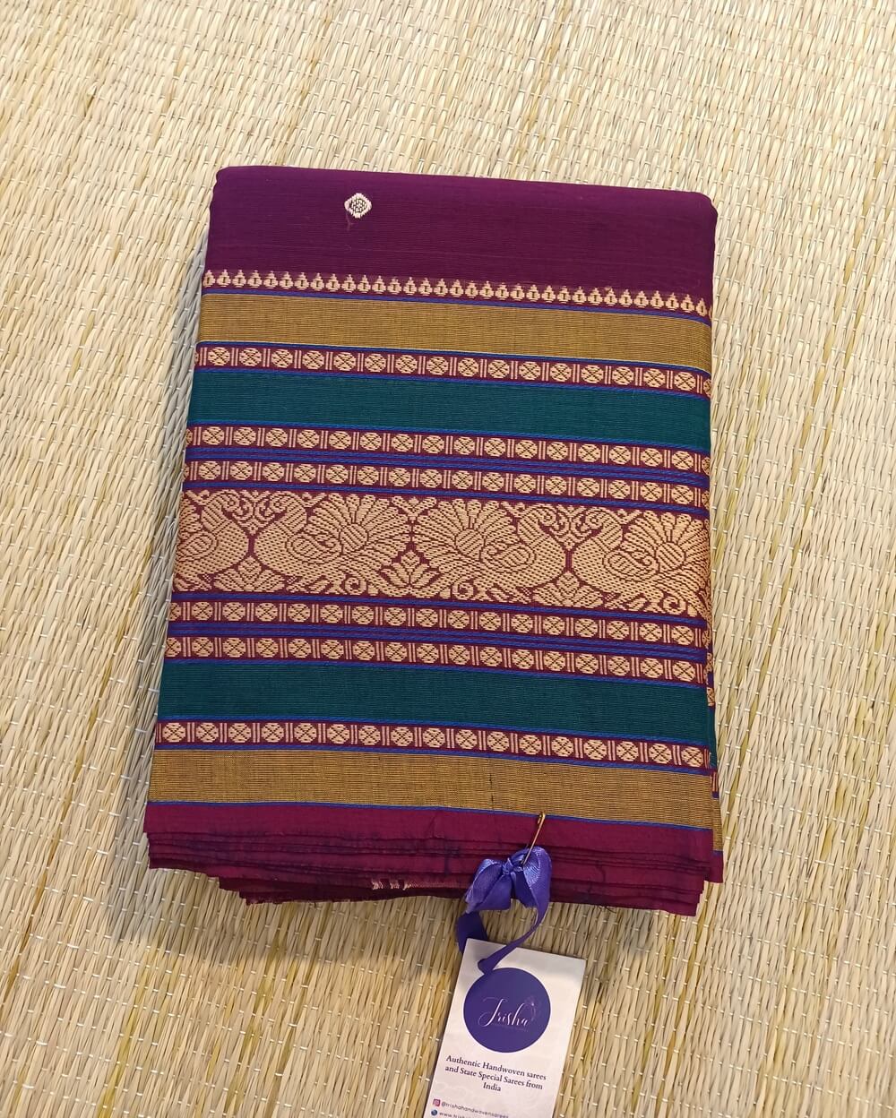 Chettinad Cotton Saree Betelnut Brown With Floral Buttas - Image 5