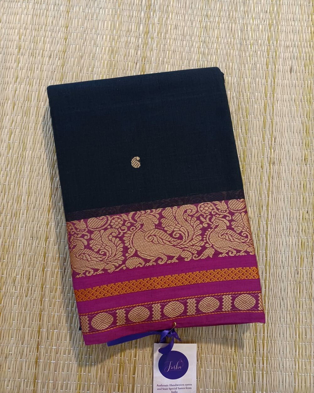 Chettinad Cotton Saree Black With Buttas And Thread Border - Image 5