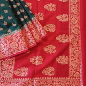 Georgette Saree in Classic Dark Green with Red combination, Khaddi Border with Light Gold zari weaves in the Banarasi floral buttis work all over the saree.