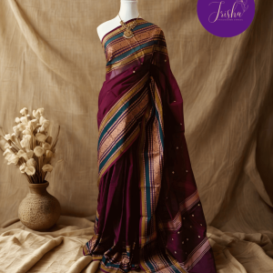 Chettinad Cotton Saree in Betelnut Brown with Dark green and Light green big border, Small floral Butta saree with Thread woven border in peacock motifs. Simple Pallu with stripes.