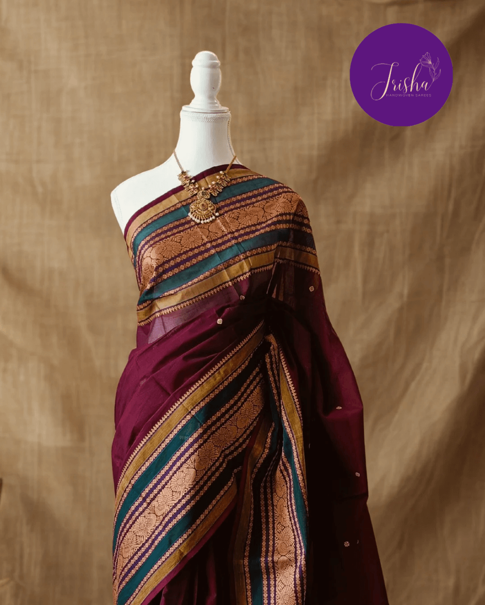 Chettinad Cotton Saree in Betelnut Brown with Dark green and Light green big border, Small floral Butta saree with Thread woven border in peacock motifs. Simple Pallu with stripes.