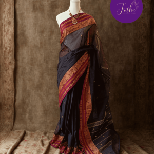 Chettinad Cotton Saree in Black with Pink border, It has Buttas on saree with Thread woven border in Peacock and Rudraksham motifs and Simple Pallu with stripes.