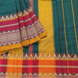 Narayanpet Cotton Saree in Dark Emerald Green Shade with Maroon and Yellow border. It's Plain saree with Thread woven border with traditional motifs.