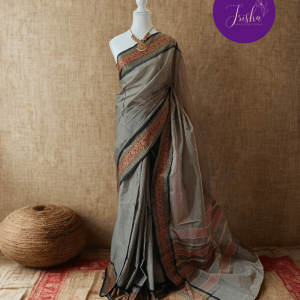Chettinad Cotton Saree in Grey Shade with Black and Maroon border. It's Plain saree with Thread woven border in peacock motifs and Simple Pallu with stripes.