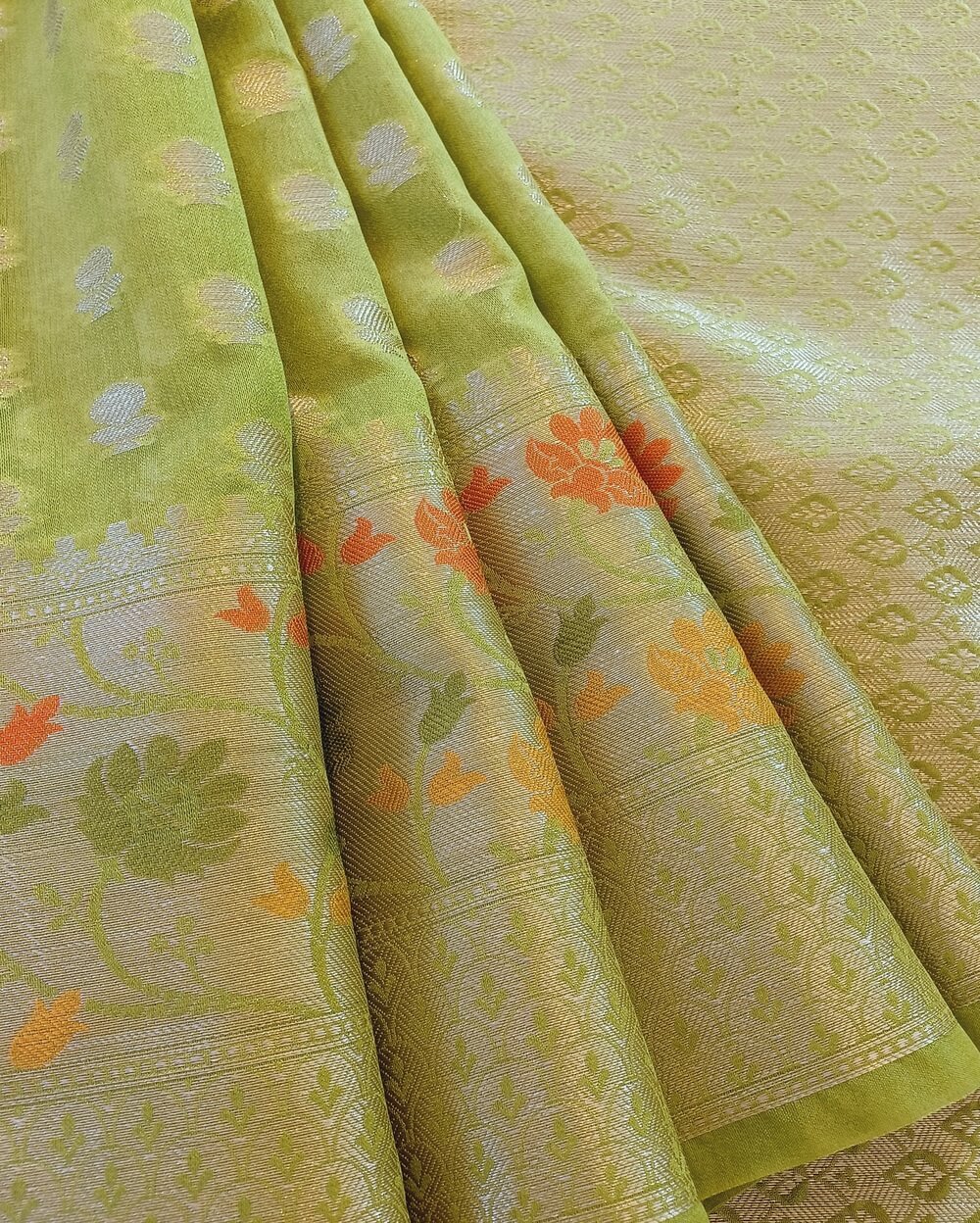 Banarasi Georgette Saree Mehandi Green Silver Zari Butta - Image 2