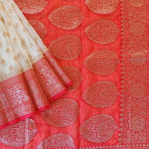 Georgette Saree in Pearl White with Red combination, Khaddi Border with Gold zari weaves in the famous Banarasi floral buttis work all over the saree.