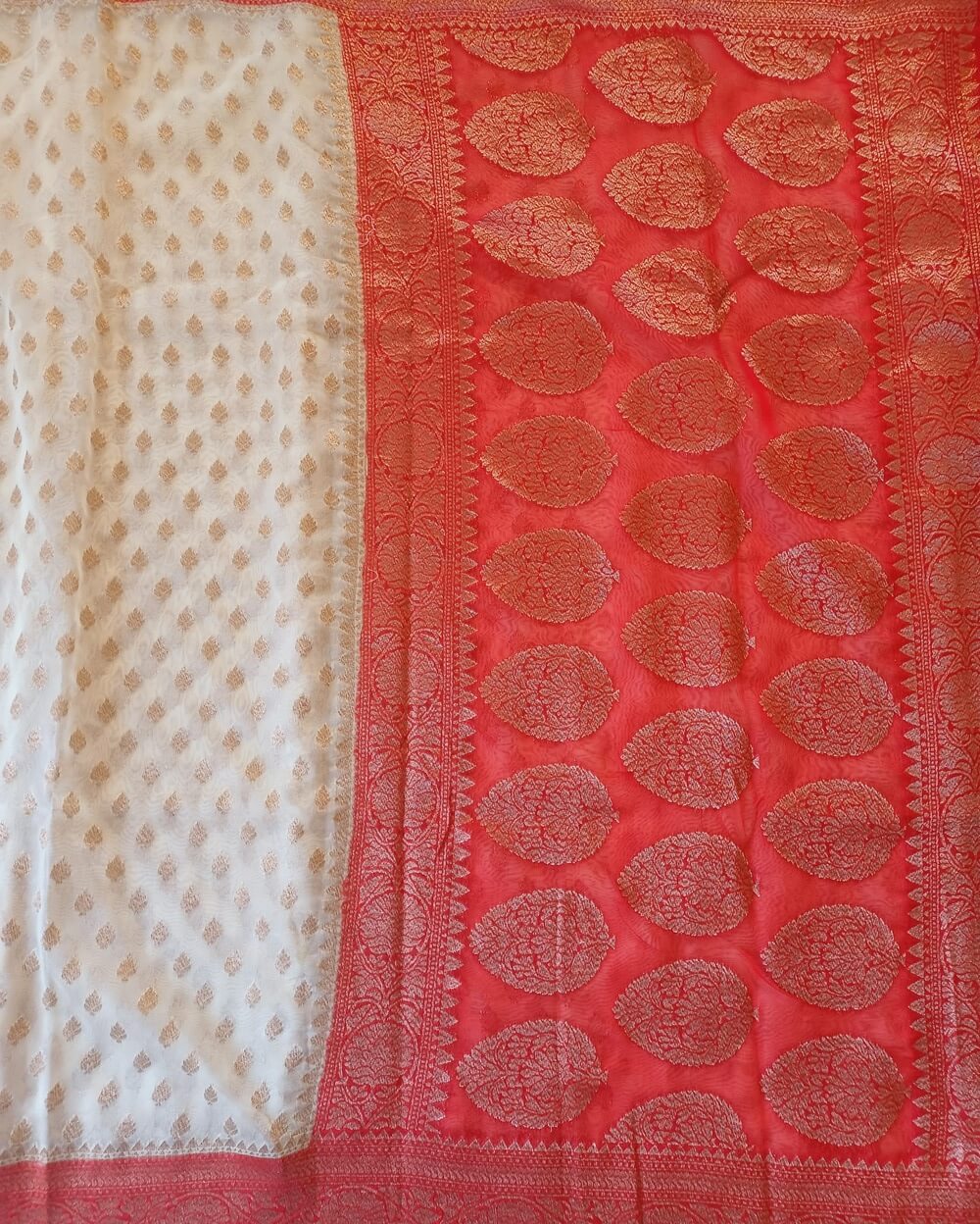 Banarasi Georgette Saree Pearl White Khaddi Border Gold Zari - Image 3
