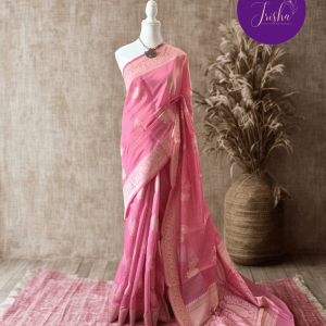 Banarasi Cotton Saree in Pink Shade with Cream resham threads woven all over. It has traditional Banarasi floral and kali (bud) motifs. It has a very unique pallu with beautiful traditional Banarasi floral motifs. A very unique collection in cotton woven with a very rare traditional pattern