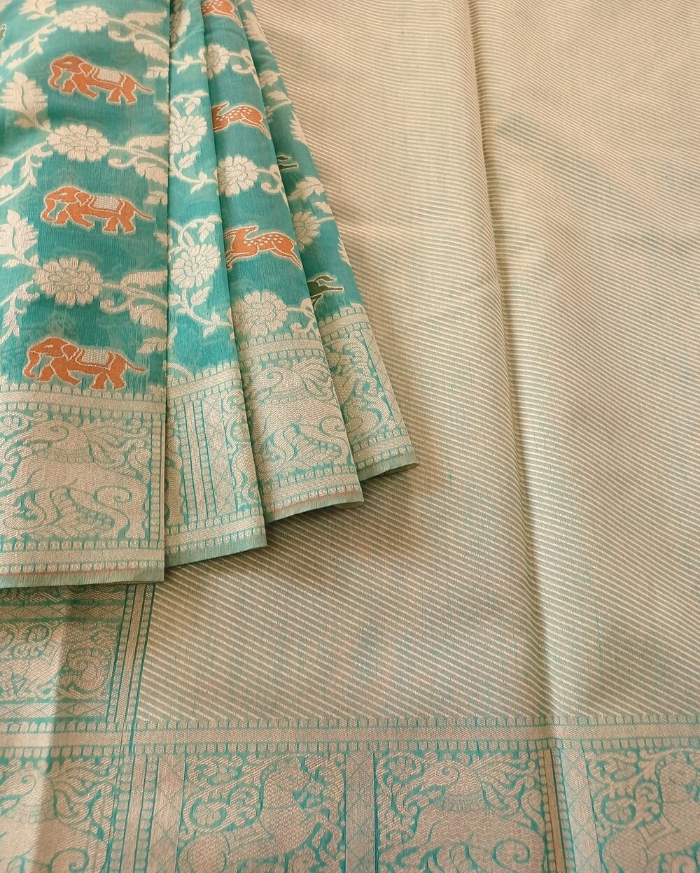 Banarasi Cotton Saree With Meena Work Sea Green