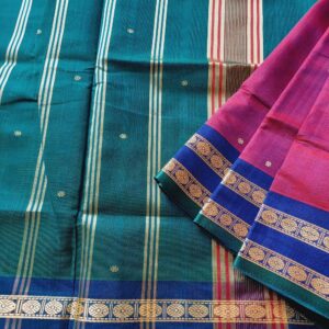 Devendra Handloom Pure Ahimsa silk cotton saree. Silk thread border with rudraksham motifs in beautiful ganga Jamuna pattern. Pink with blue dual tone shade.