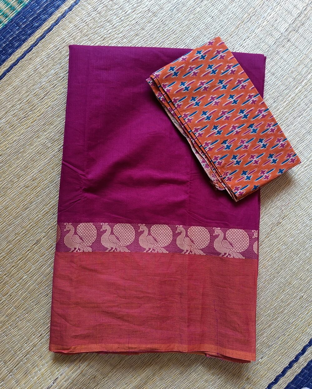 Chettinad Cotton Saree Kumkum Pink With Mulmul Blouse Piece - Image 5