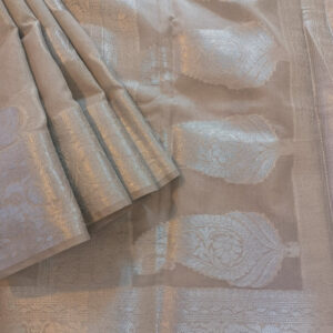 Georgette Saree in Ash Grey Shade with Silver zari weaves in the traditional leaf motifs. Border has Banarasi floral motifs. Pallu has Rich silver zari work.