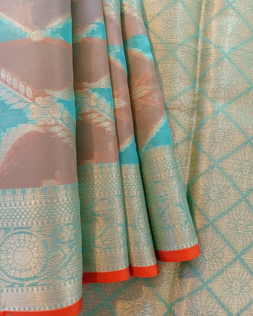 Chanderi Saree Silk Cotton Brick Red With Rama Green Rangkat - Image 2
