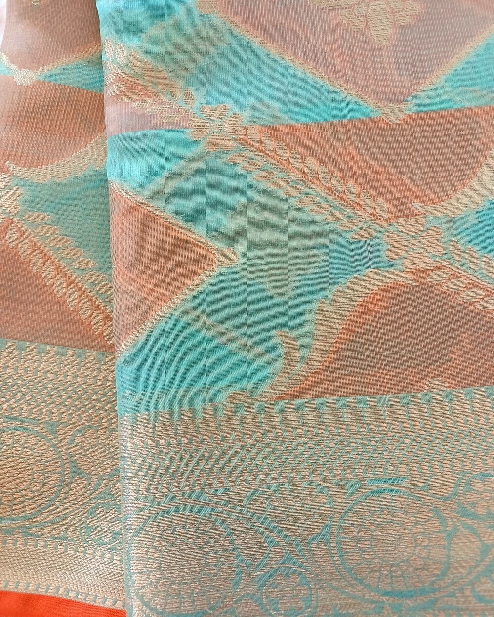 Chanderi Saree Silk Cotton Brick Red With Rama Green Rangkat - Image 3