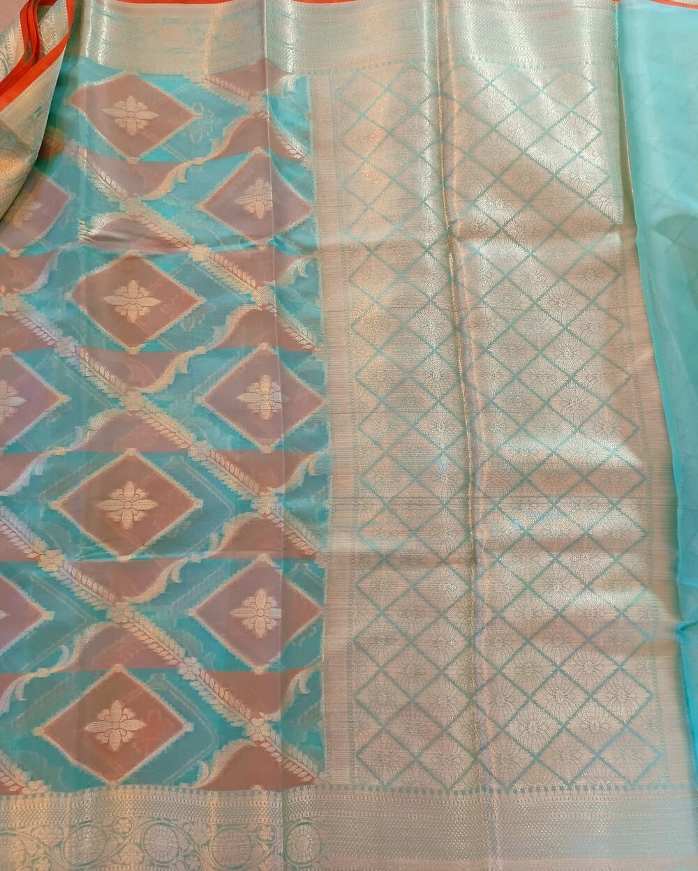 Chanderi Saree Silk Cotton Brick Red With Rama Green Rangkat - Image 4