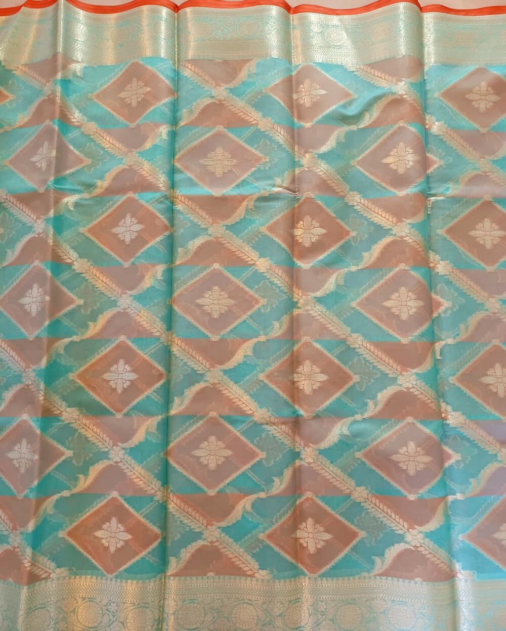Chanderi Saree Silk Cotton Brick Red With Rama Green Rangkat - Image 5