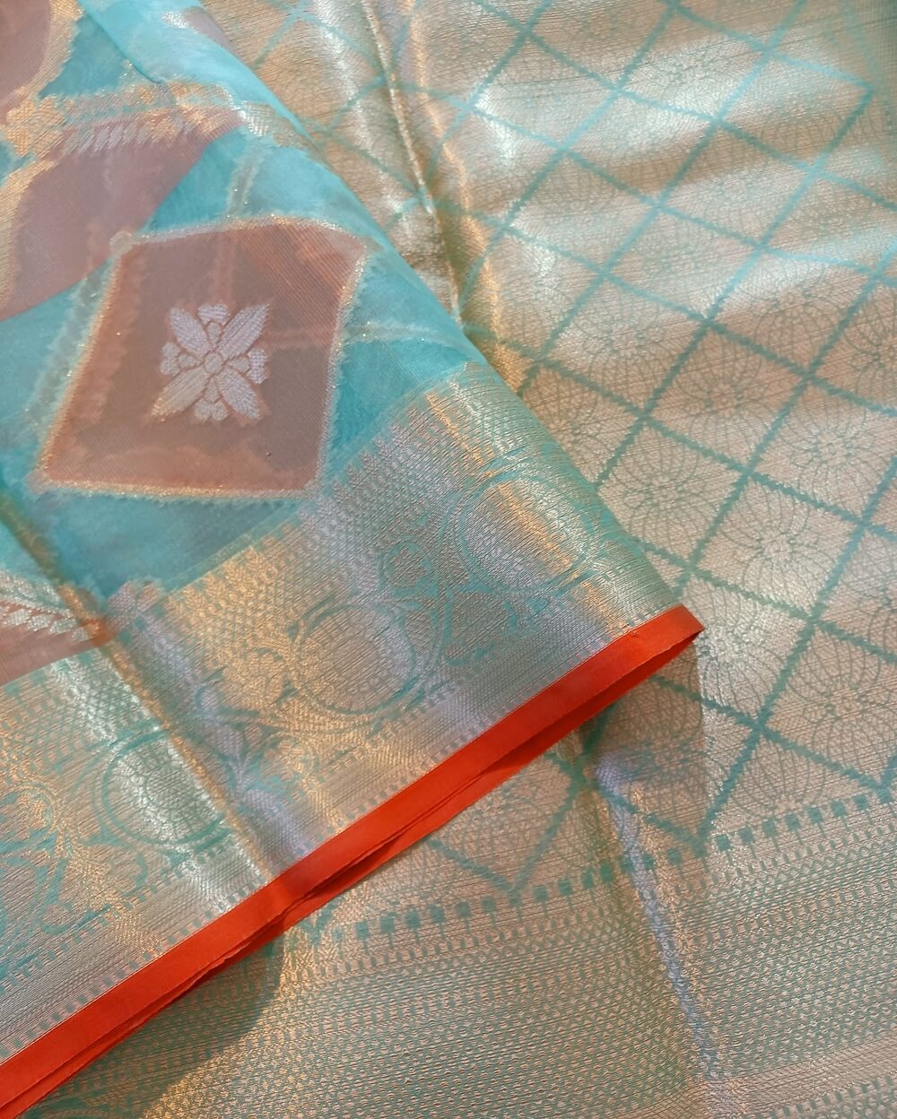 Chanderi Saree Silk Cotton Brick Red With Rama Green Rangkat - Image 6