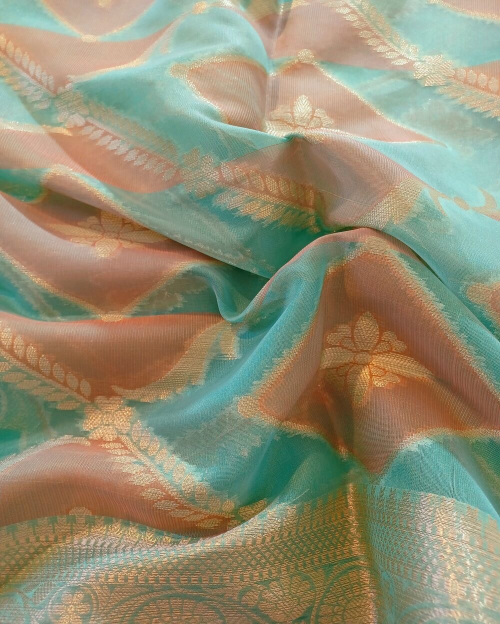 Chanderi Saree Silk Cotton Brick Red With Rama Green Rangkat - Image 7