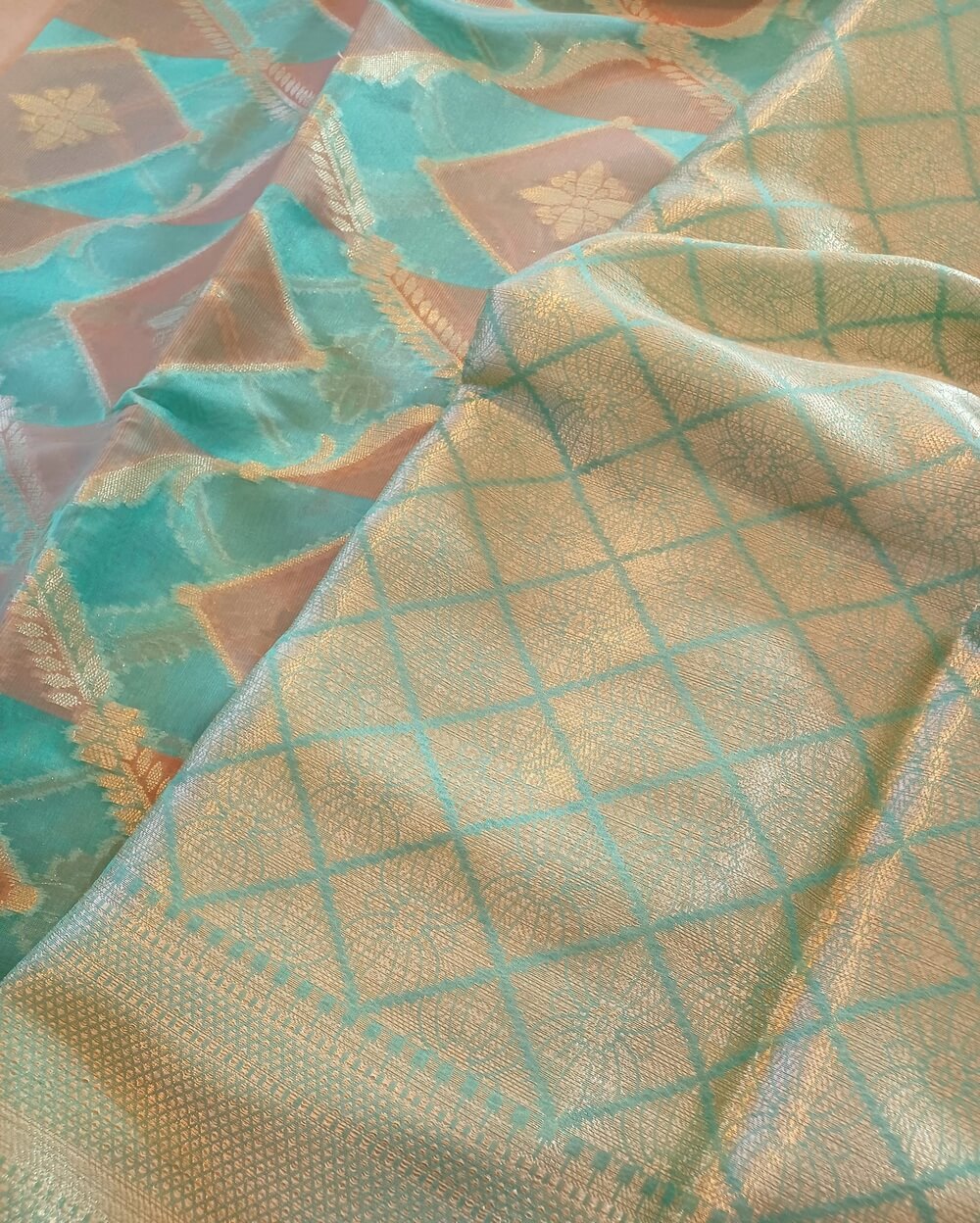 Chanderi Saree Silk Cotton Brick Red With Rama Green Rangkat - Image 8