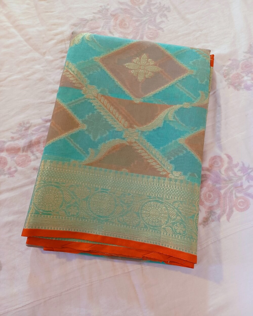 Chanderi Saree Silk Cotton Brick Red With Rama Green Rangkat - Image 9
