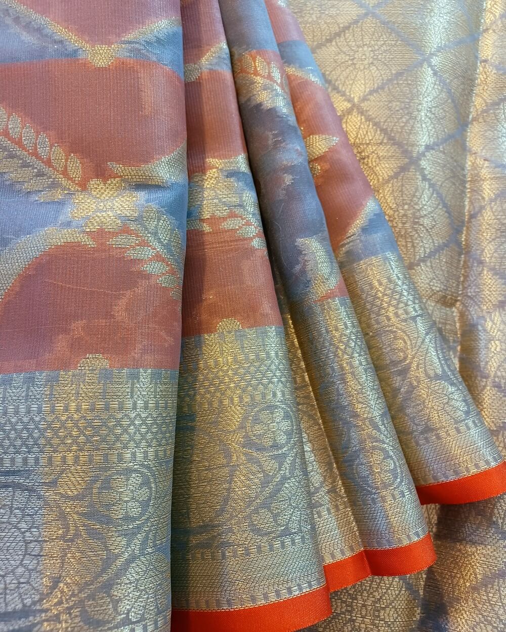 Chanderi Saree Silk Cotton Blue Grey With Brick Red Rangkat - Image 2