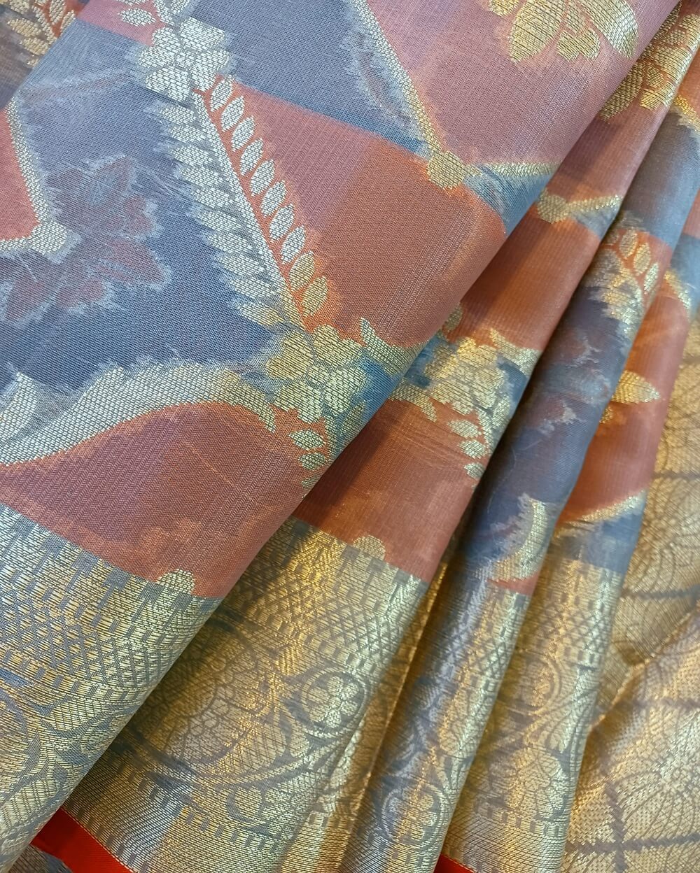 Chanderi Saree Silk Cotton Blue Grey With Brick Red Rangkat - Image 5