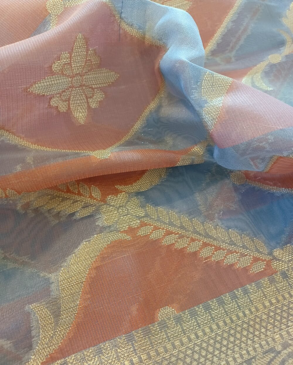 Chanderi Saree Silk Cotton Blue Grey With Brick Red Rangkat - Image 7