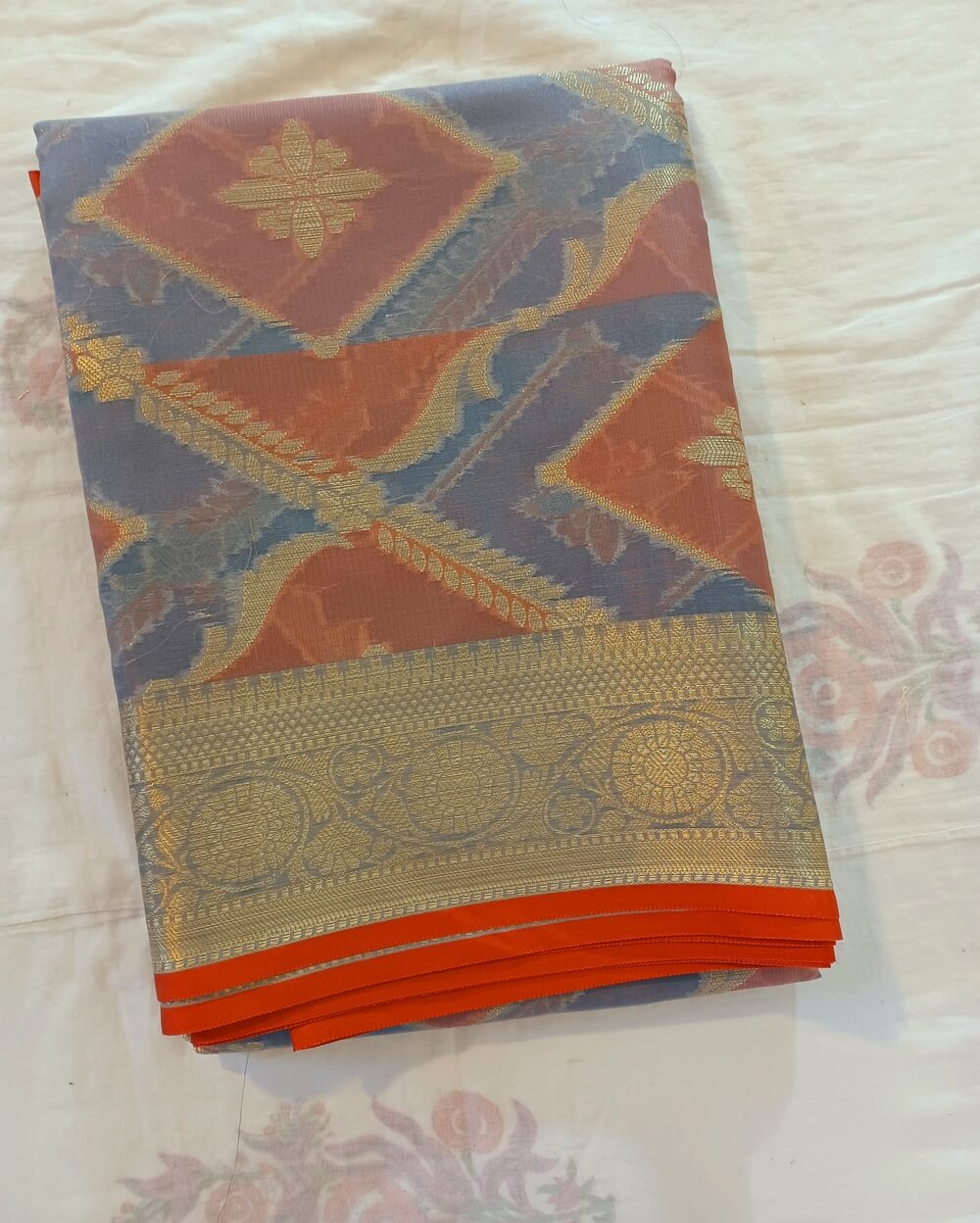 Chanderi Saree Silk Cotton Blue Grey With Brick Red Rangkat - Image 9